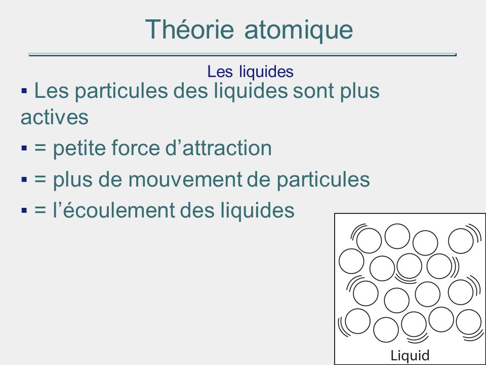 Théorie atomique Les particules des liquides sont plus actives