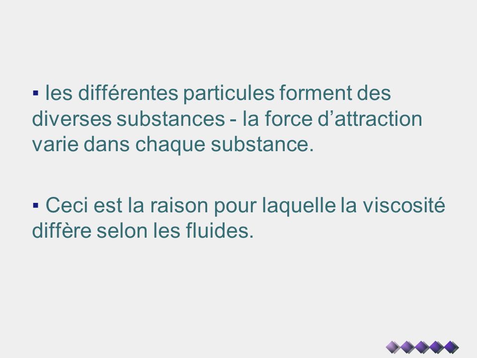 les différentes particules forment des diverses substances - la force d’attraction varie dans chaque substance.