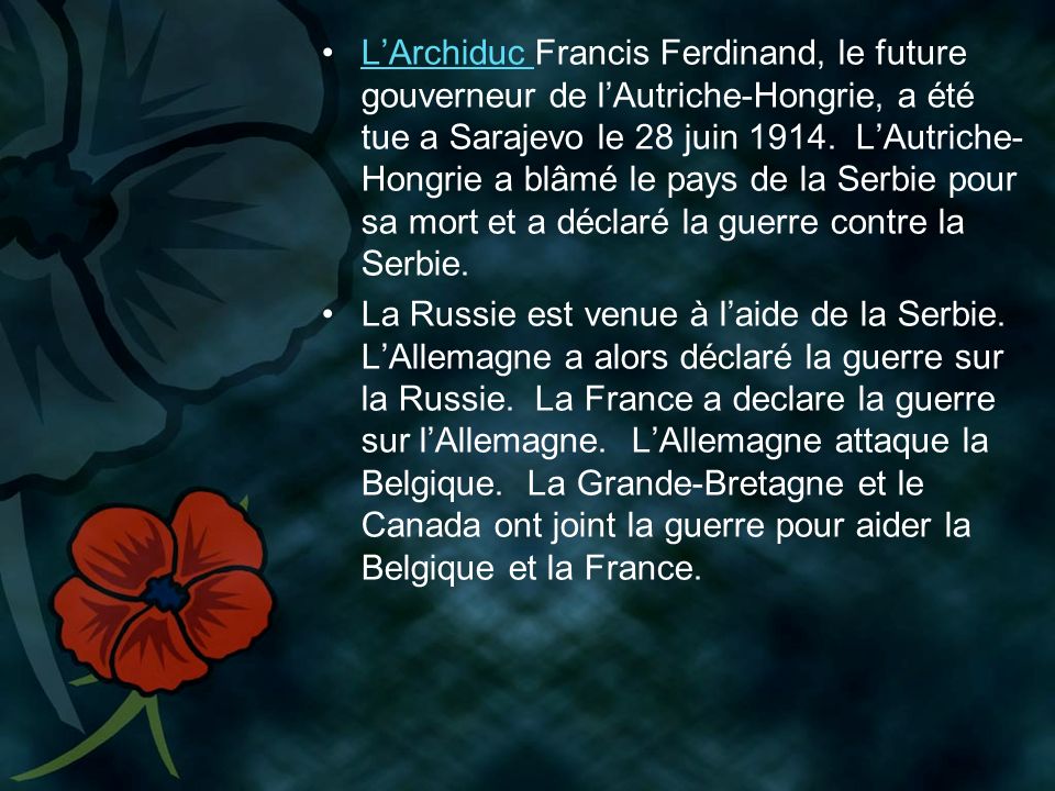 L’Archiduc Francis Ferdinand, le future gouverneur de l’Autriche-Hongrie, a été tue a Sarajevo le 28 juin L’Autriche-Hongrie a blâmé le pays de la Serbie pour sa mort et a déclaré la guerre contre la Serbie.
