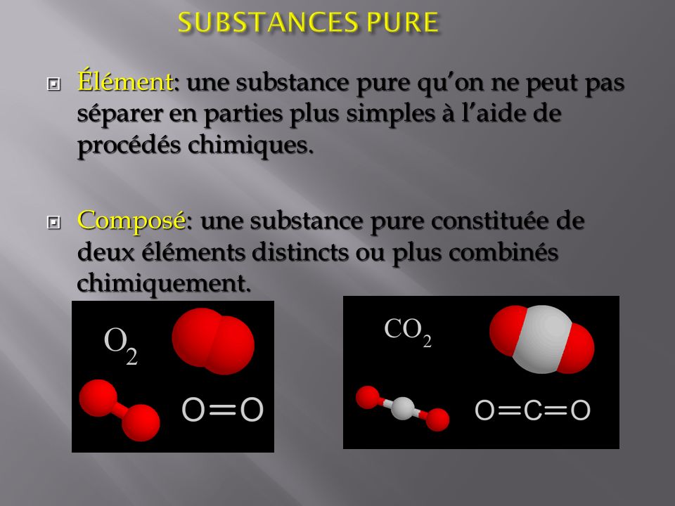 SUBSTANCES PURE Élément: une substance pure qu’on ne peut pas séparer en parties plus simples à l’aide de procédés chimiques.