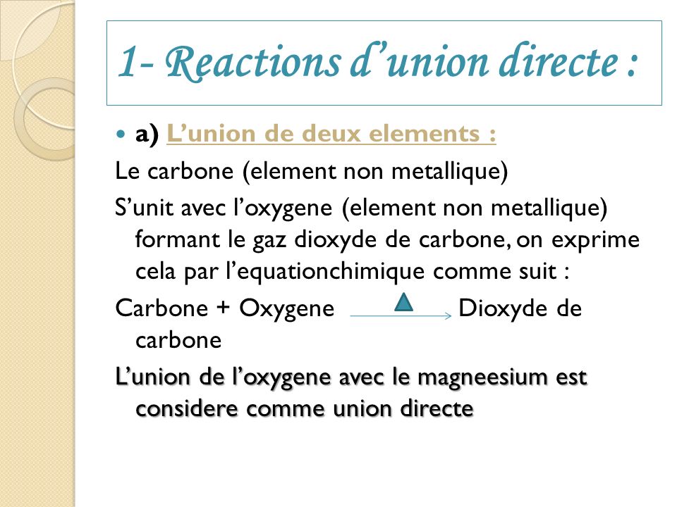 1- Reactions d’union directe :
