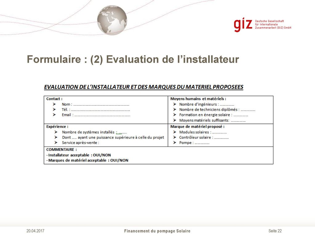 Formulaire : (2) Evaluation de l’installateur