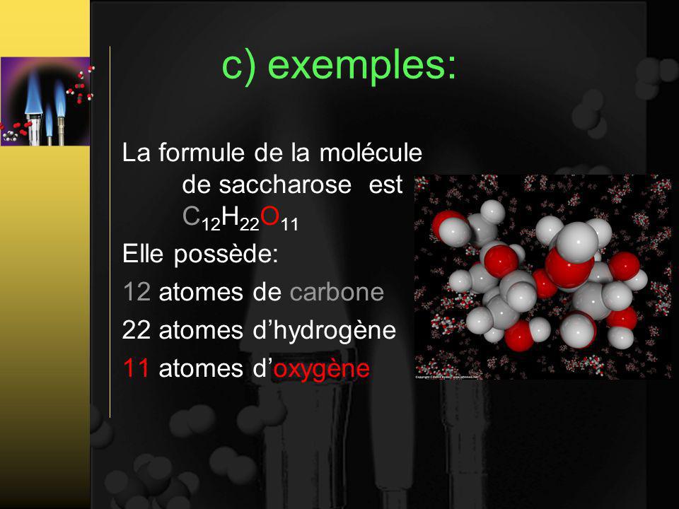c) exemples: La formule de la molécule de saccharose est C12H22O11