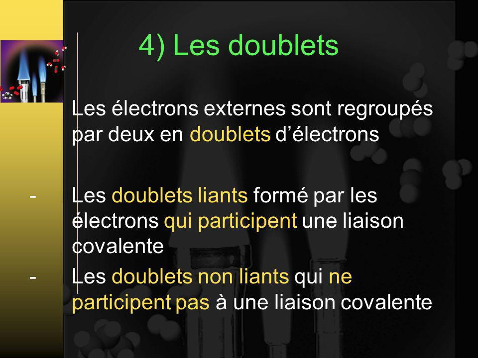 4) Les doublets Les électrons externes sont regroupés par deux en doublets d’électrons.