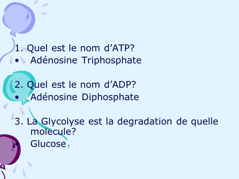 1. Quel est le nom d’ATP Adénosine Triphosphate. 2. Quel est le nom d’ADP Adénosine Diphosphate.