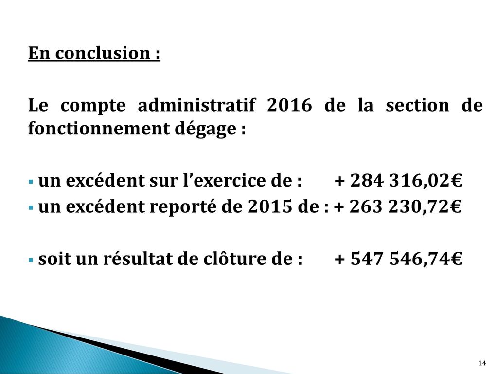 En conclusion : Le compte administratif 2016 de la section de fonctionnement dégage : un excédent sur l’exercice de : ,02€