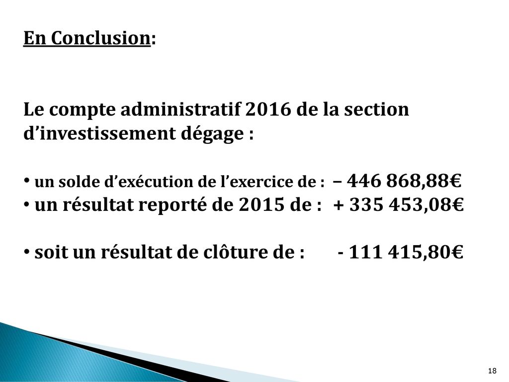 En Conclusion: Le compte administratif 2016 de la section d’investissement dégage : un solde d’exécution de l’exercice de : – ,88€