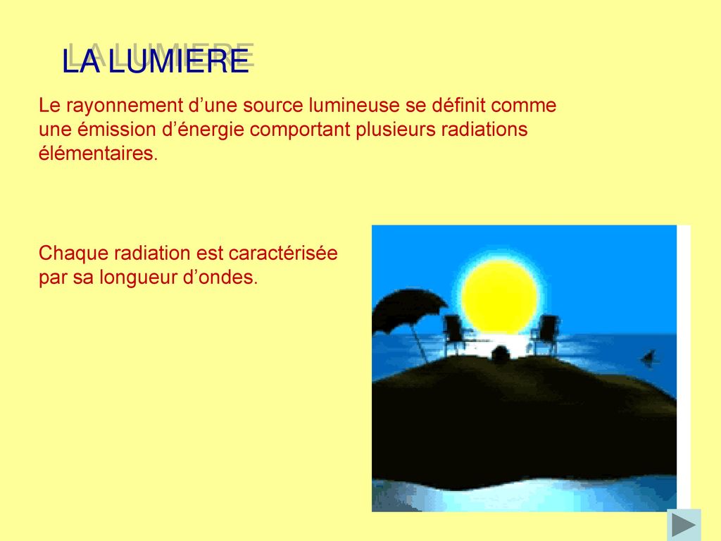 LA LUMIERE Le rayonnement d’une source lumineuse se définit comme une émission d’énergie comportant plusieurs radiations élémentaires.