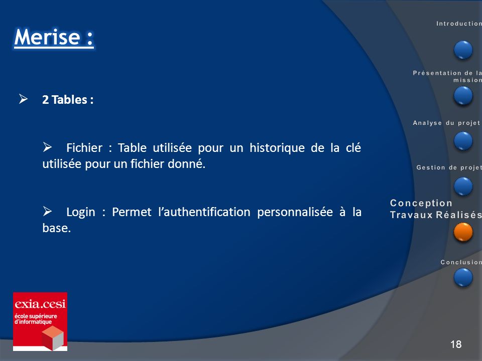 Introduction Merise : Présentation de la mission. 2 Tables : Fichier : Table utilisée pour un historique de la clé utilisée pour un fichier donné.
