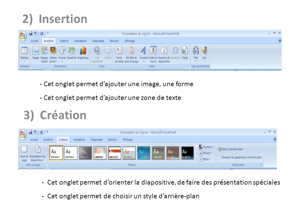 2) Insertion - Cet onglet permet d’ajouter une image, une forme. - Cet onglet permet d’ajouter une zone de texte.