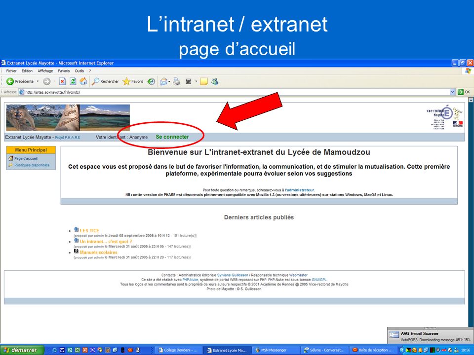 L’intranet / extranet page d’accueil