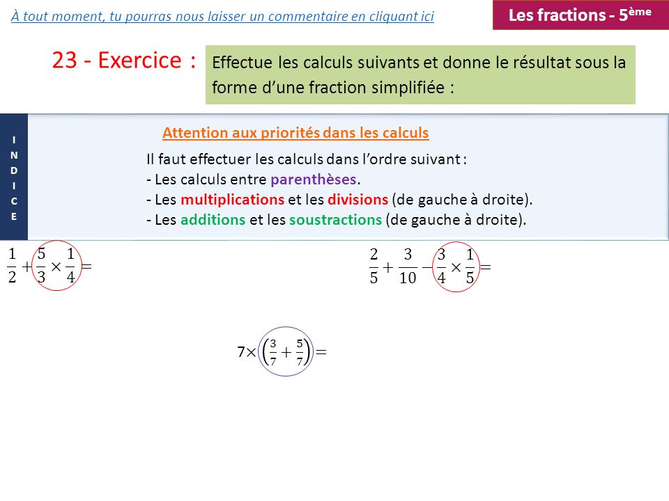23 - Exercice : Les fractions - 5ème