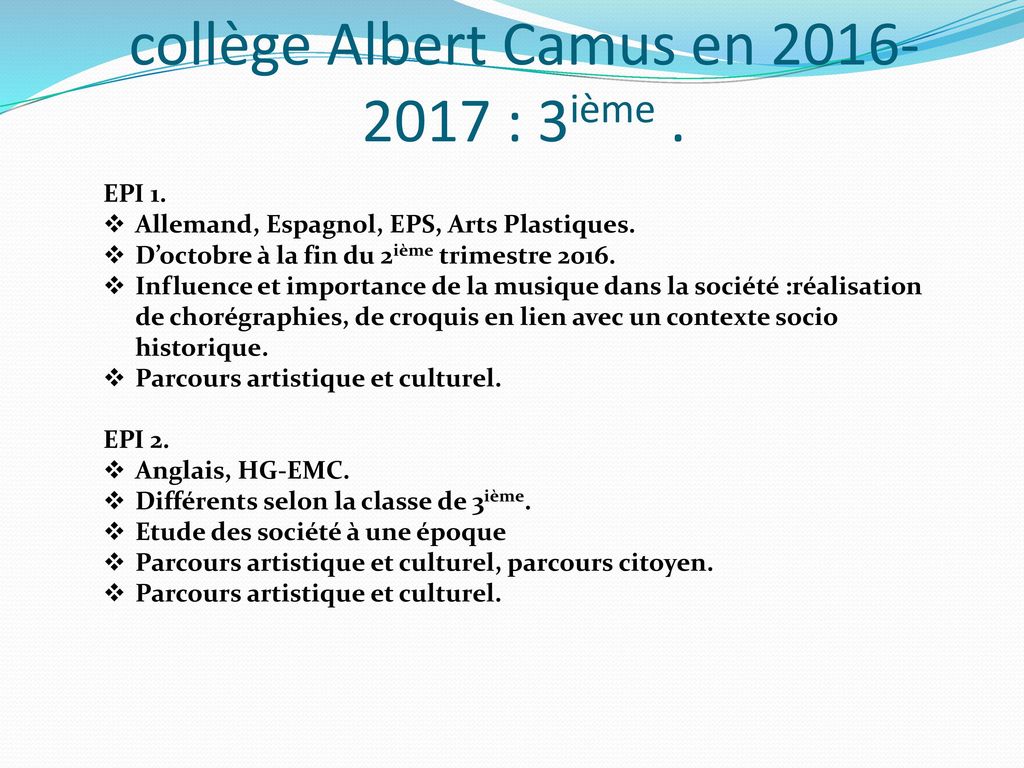Organisation de la réforme au collège Albert Camus en : 3ième .