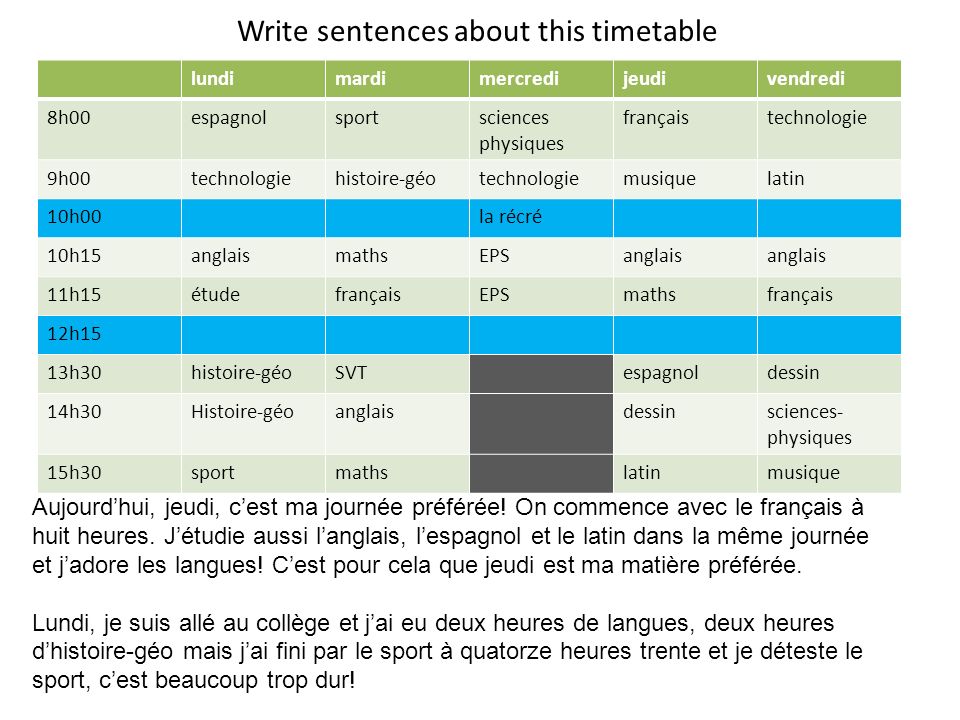 Write sentences about this timetable