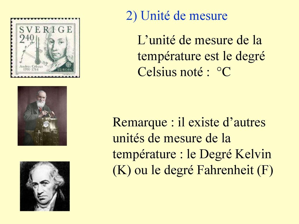 2) Unité de mesure L’unité de mesure de la température est le degré Celsius noté : °C.