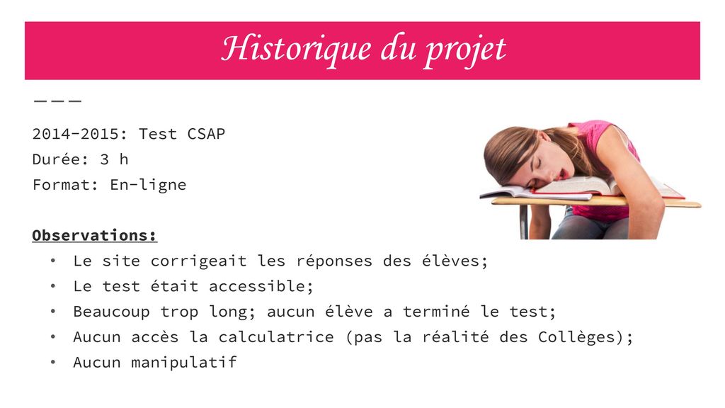 Historique du projet : Test CSAP Durée: 3 h Format: En-ligne