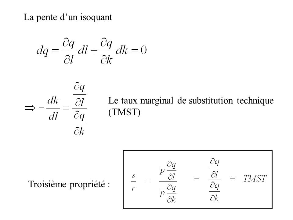 La pente d’un isoquant Le taux marginal de substitution technique (TMST) Troisième propriété :