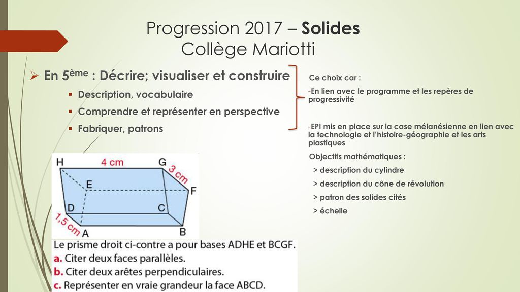 Progression 2017 – Solides Collège Mariotti