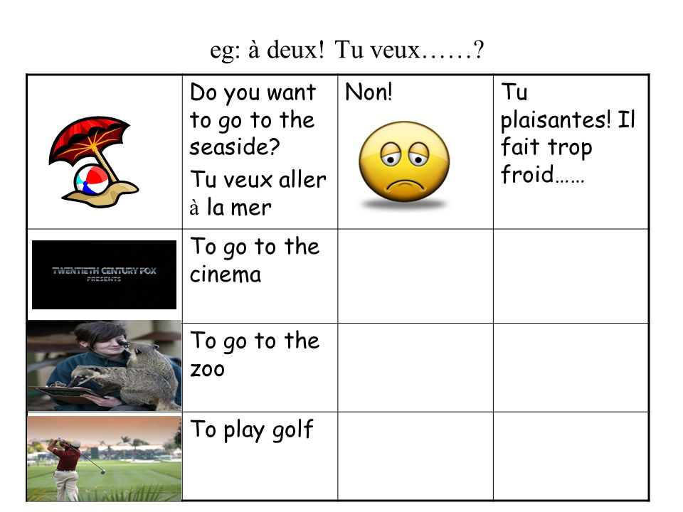eg: à deux! Tu veux…… Do you want to go to the seaside