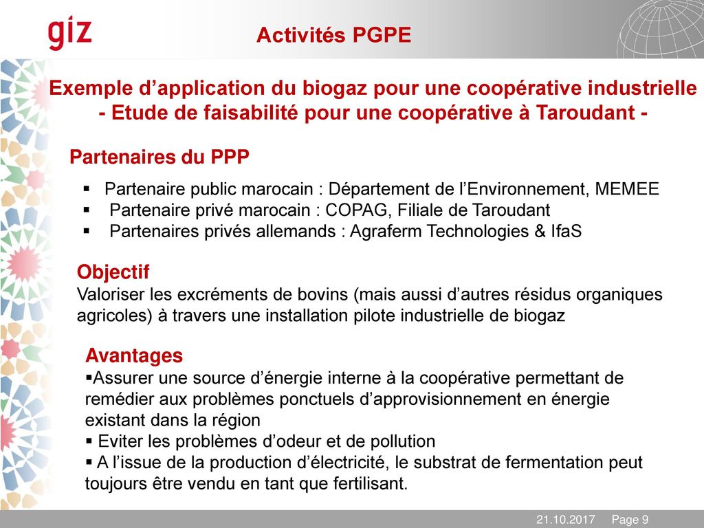 Activités PGPE Exemple d’application du biogaz pour une coopérative industrielle. - Etude de faisabilité pour une coopérative à Taroudant -
