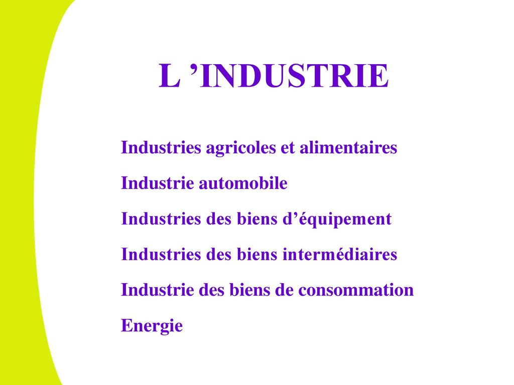 L ’INDUSTRIE Industries agricoles et alimentaires Industrie automobile