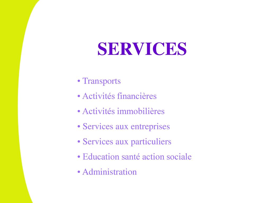 SERVICES Transports Activités financières Activités immobilières