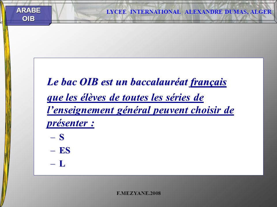 Le bac OIB est un baccalauréat français