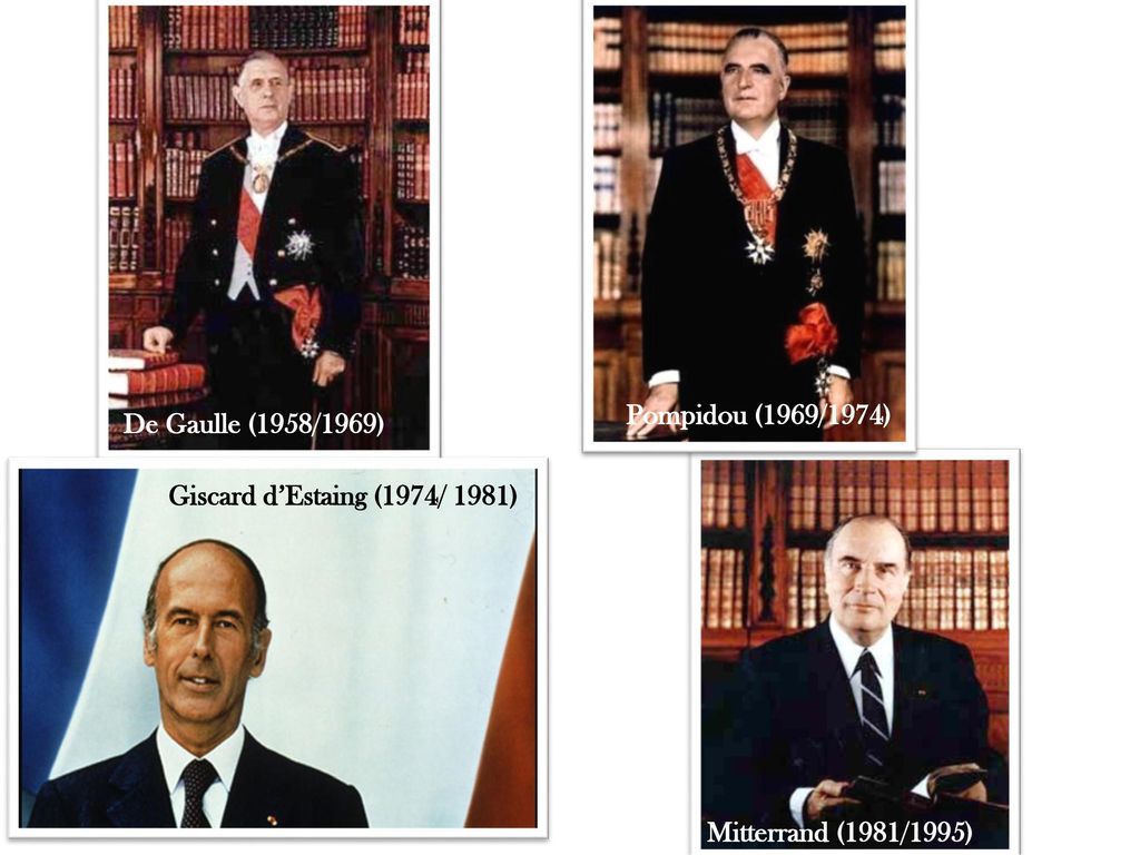 Pompidou (1969/1974) De Gaulle (1958/1969) Giscard d’Estaing (1974/ 1981) Mitterrand (1981/1995)