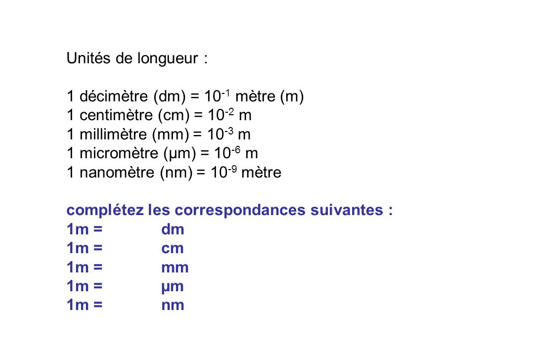 Unités de longueur : 1 décimètre (dm) = 10-1 mètre (m) 1 centimètre (cm) = 10-2 m. 1 millimètre (mm) = 10-3 m.