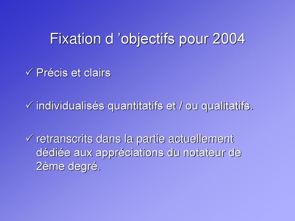 Fixation d ’objectifs pour 2004