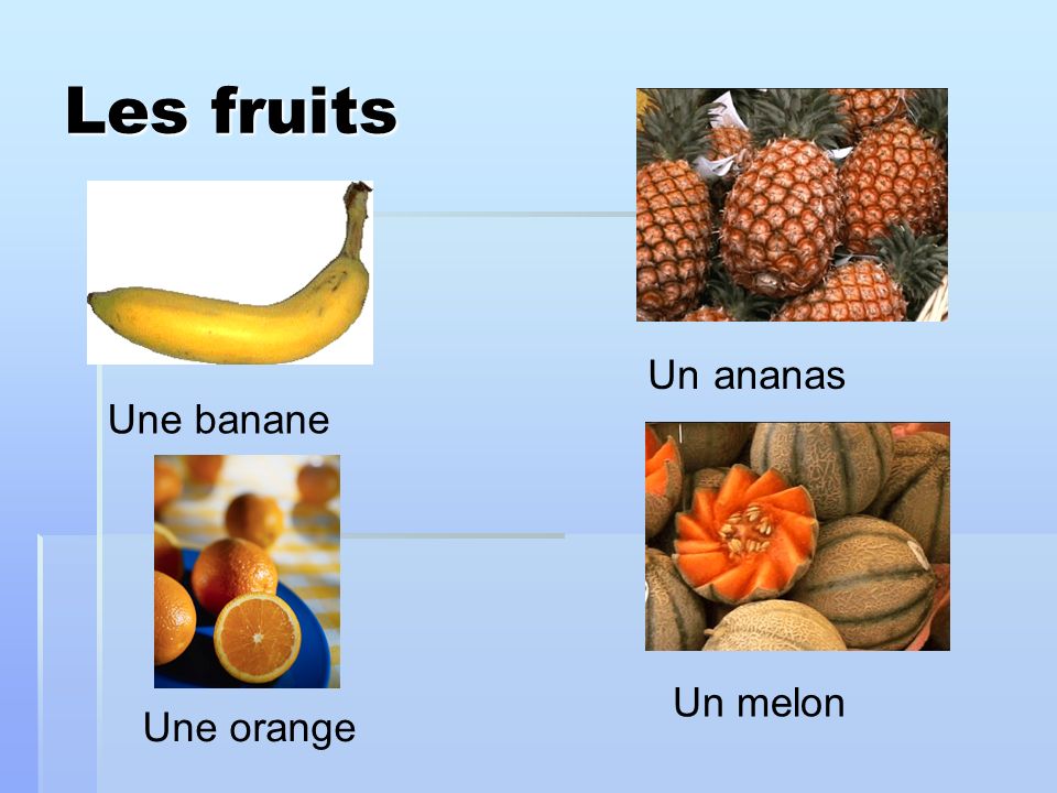 Les fruits Un ananas Une banane Un melon Une orange