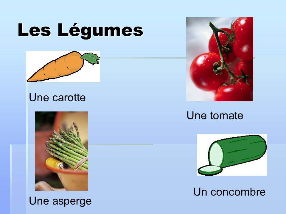 Les Légumes Une carotte Une tomate Un concombre Une asperge