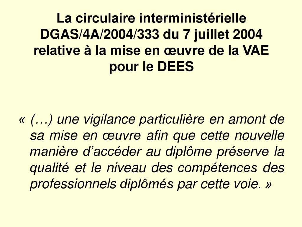 La circulaire interministérielle DGAS/4A/2004/333 du 7 juillet 2004 relative à la mise en œuvre de la VAE pour le DEES