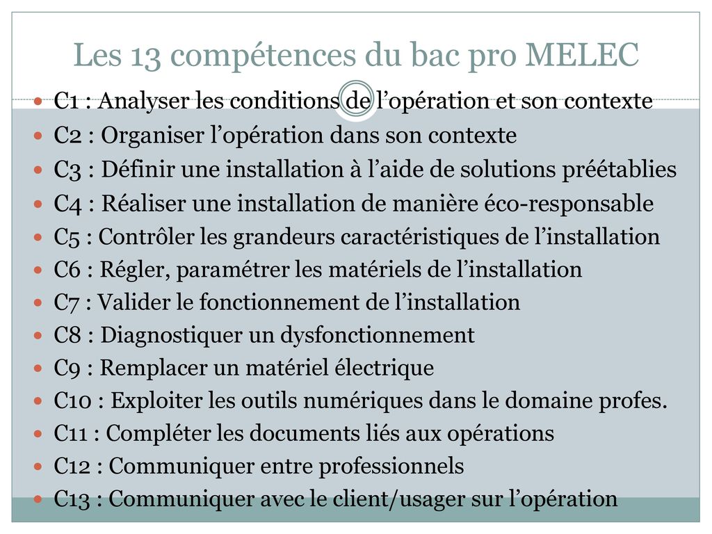 Les 13 compétences du bac pro MELEC