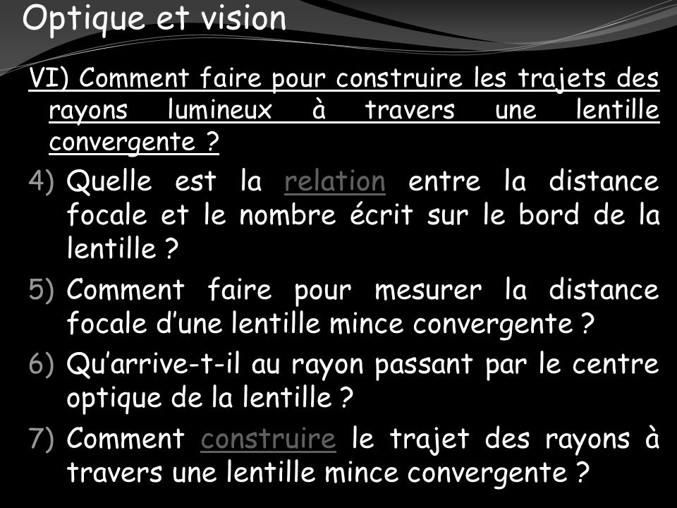 Optique et vision VI) Comment faire pour construire les trajets des rayons lumineux à travers une lentille convergente