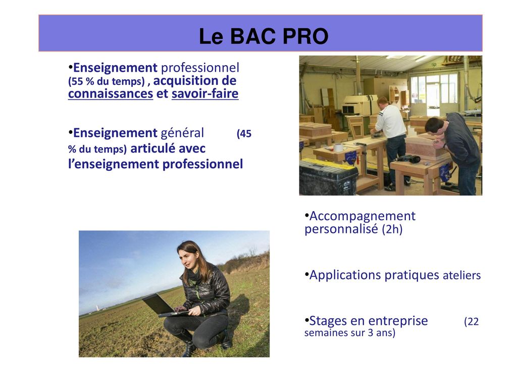 Le BAC PRO Enseignement professionnel (55 % du temps) , acquisition de connaissances et savoir-faire.