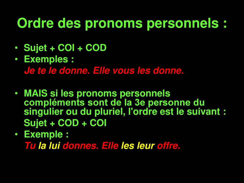 Ordre des pronoms personnels :
