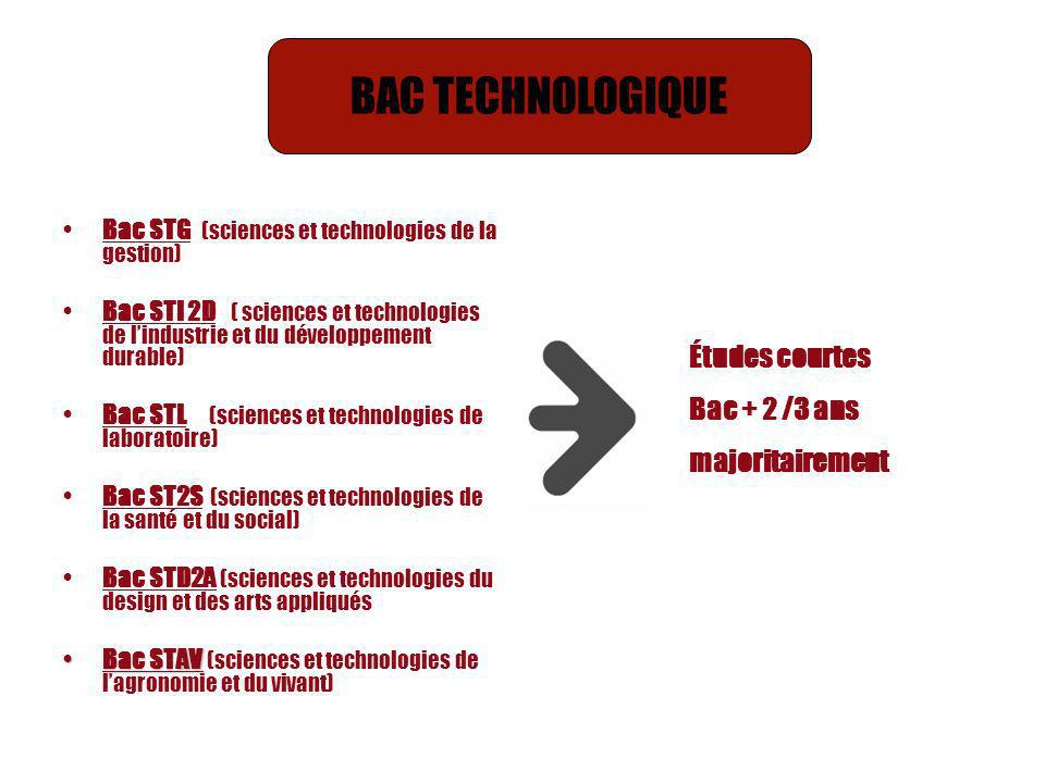 BAC TECHNOLOGIQUE Études courtes Bac + 2 /3 ans majoritairement