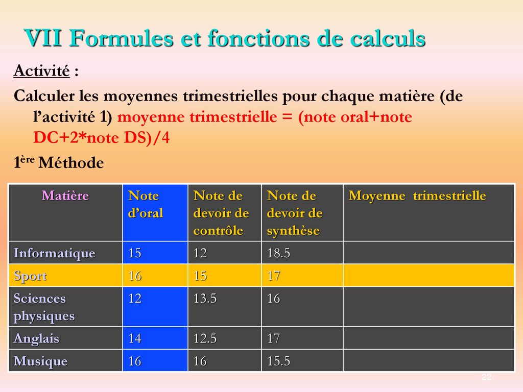 VII Formules et fonctions de calculs