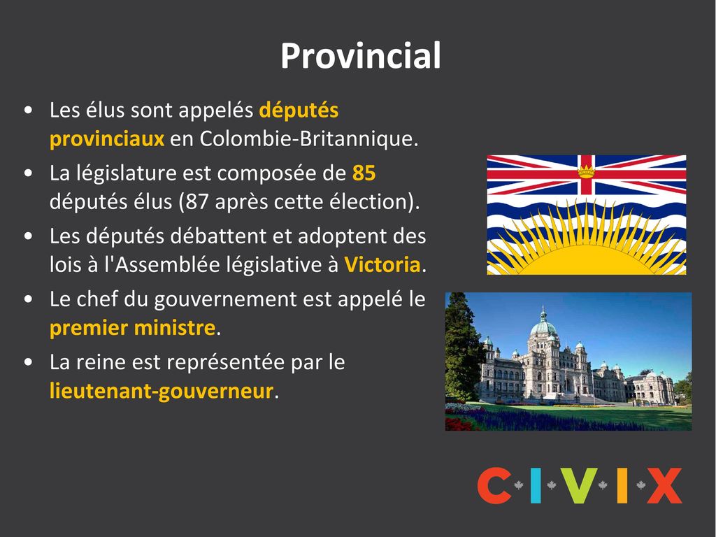 Provincial Les élus sont appelés députés provinciaux en Colombie-Britannique.
