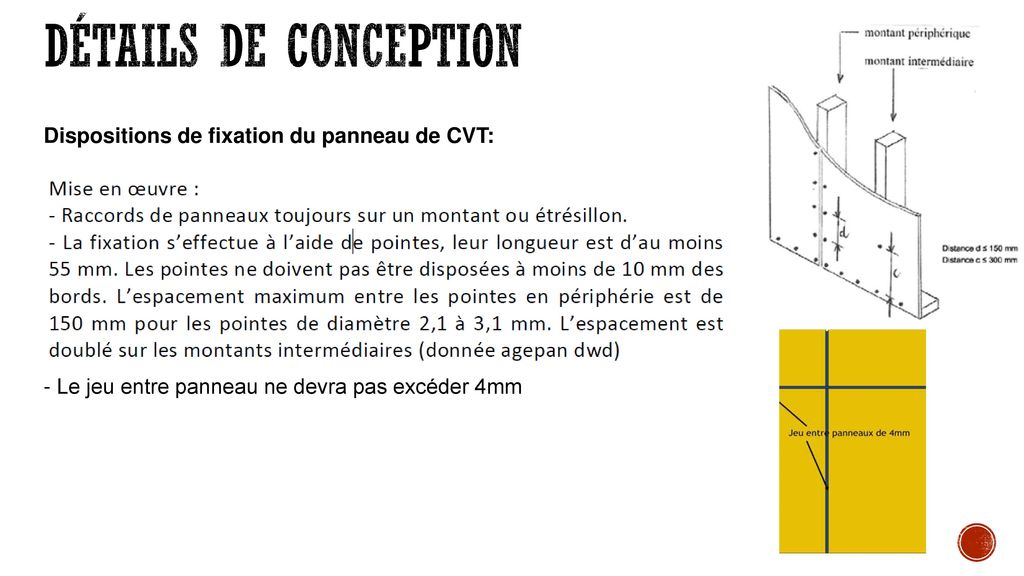 Détails de conception Dispositions de fixation du panneau de CVT: - Le jeu entre panneau ne devra pas excéder 4mm