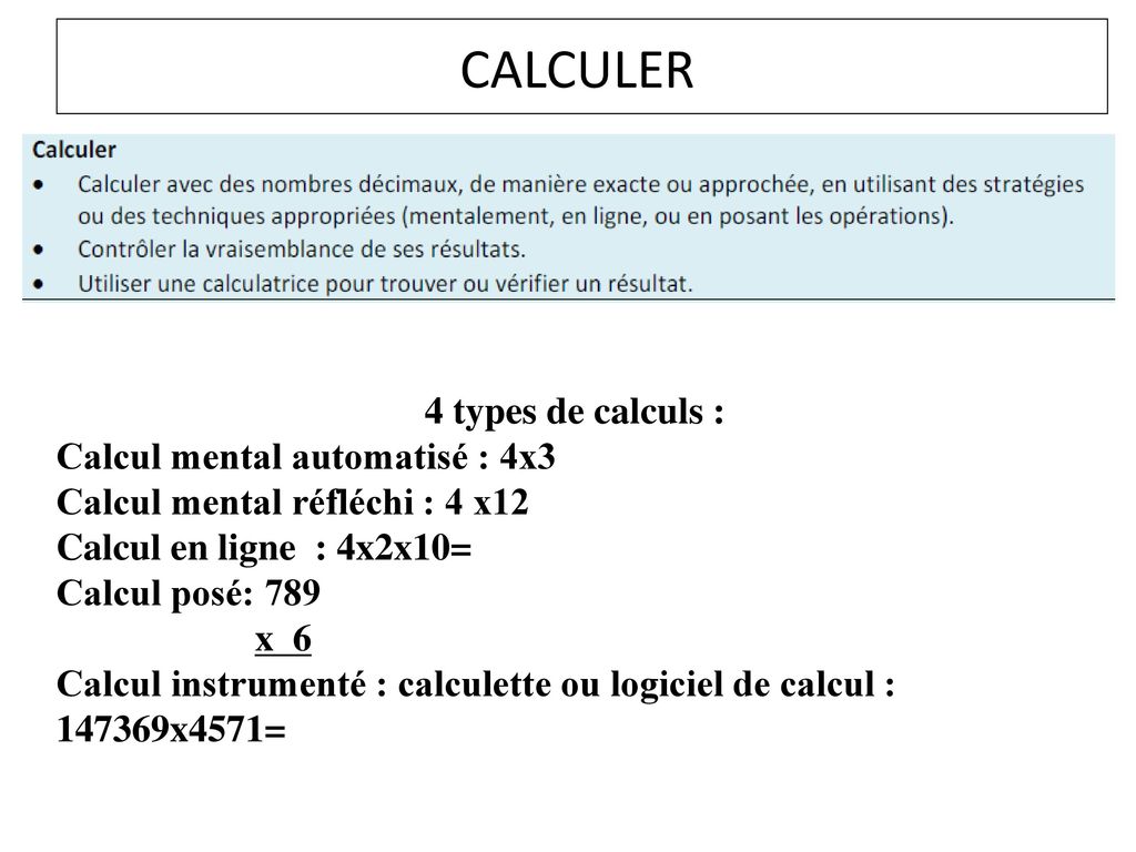 CALCULER 4 types de calculs : Calcul mental automatisé : 4x3