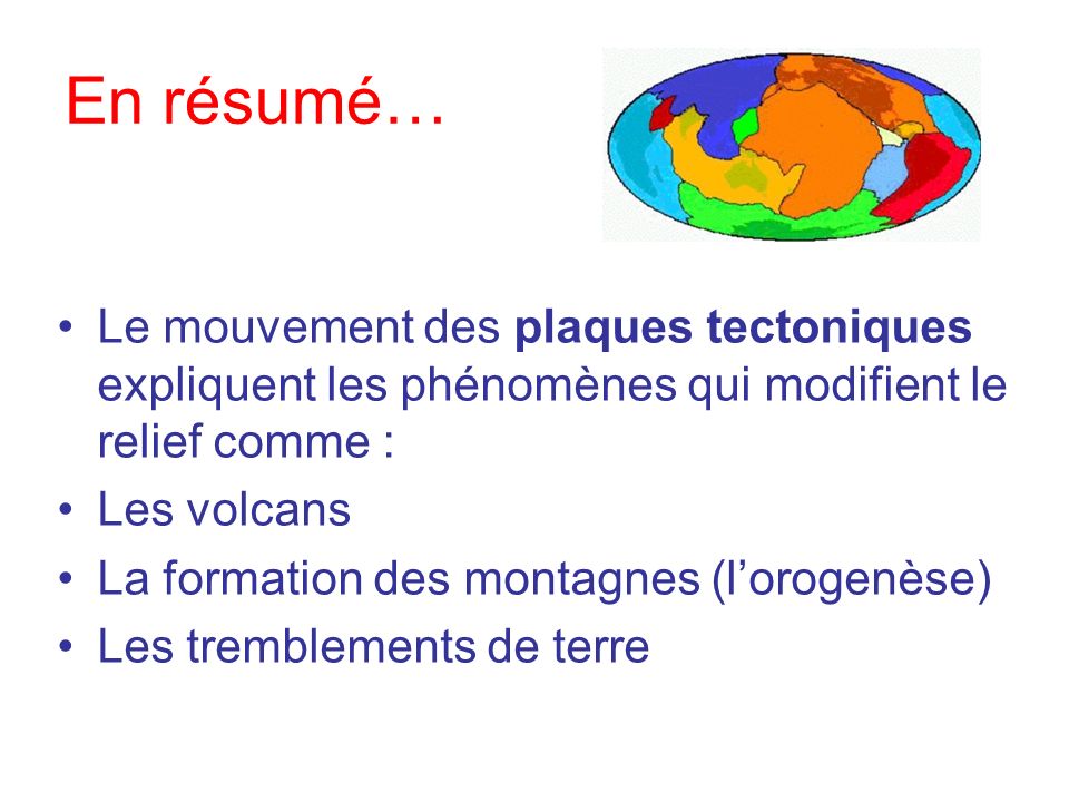 En résumé… Le mouvement des plaques tectoniques expliquent les phénomènes qui modifient le relief comme :