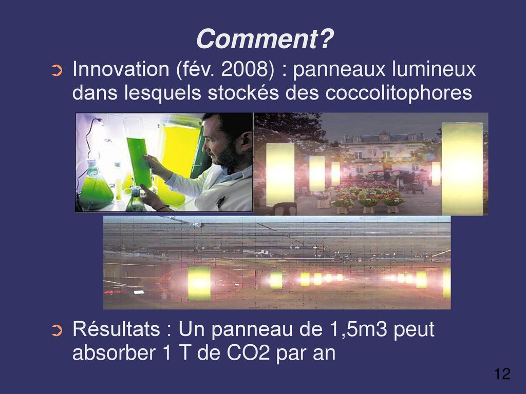 Comment Innovation (fév. 2008) : panneaux lumineux dans lesquels stockés des coccolitophores.