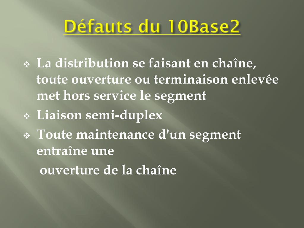 Défauts du 10Base2 La distribution se faisant en chaîne, toute ouverture ou terminaison enlevée met hors service le segment.