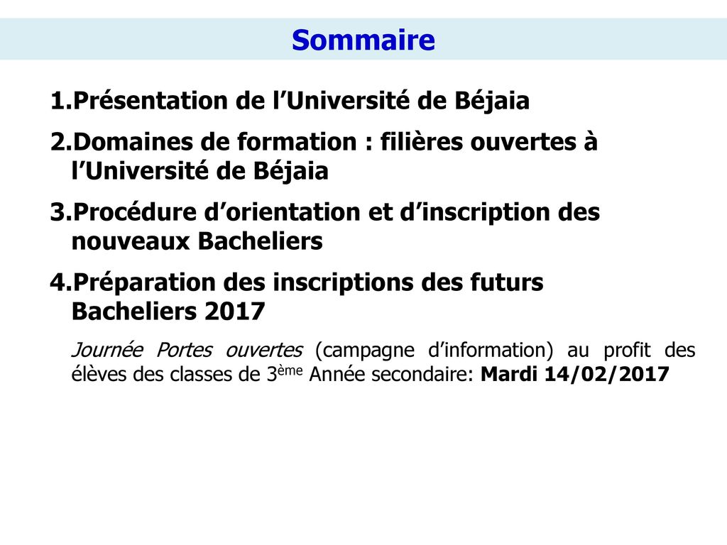 Sommaire Présentation de l’Université de Béjaia