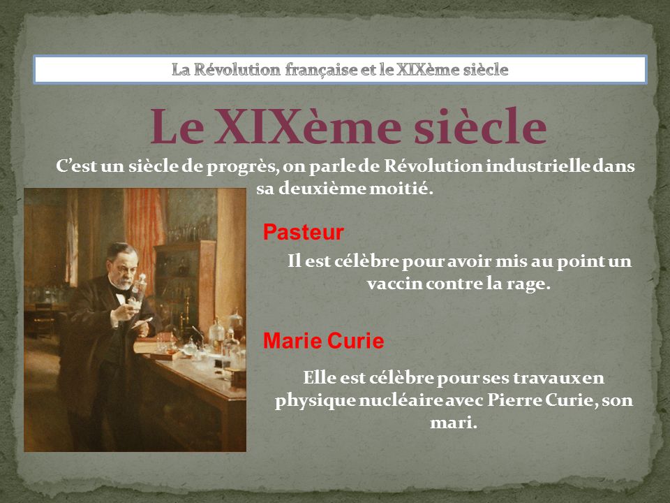 Le XIXème siècle Pasteur Marie Curie