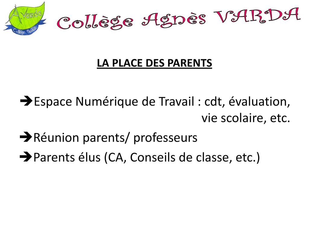 Collège Agnès VARDA LA PLACE DES PARENTS. Espace Numérique de Travail : cdt, évaluation, vie scolaire, etc.