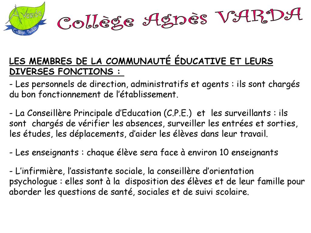 Collège Agnès VARDA LES MEMBRES DE LA COMMUNAUTÉ ÉDUCATIVE ET LEURS DIVERSES FONCTIONS :