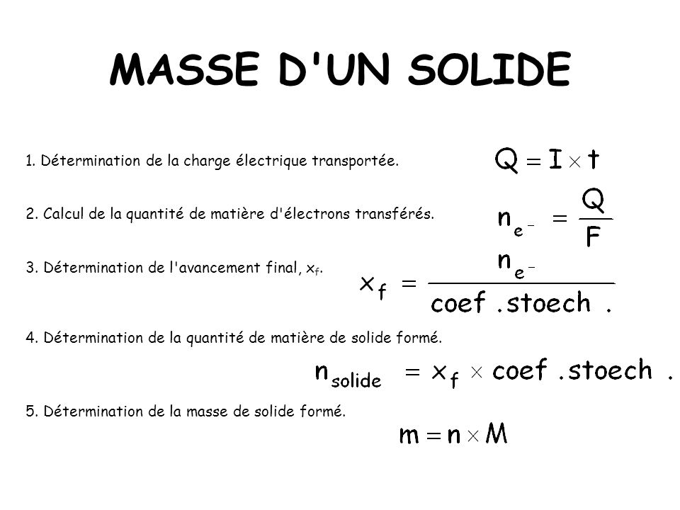 MASSE D UN SOLIDE 1. Détermination de la charge électrique transportée. 2. Calcul de la quantité de matière d électrons transférés.